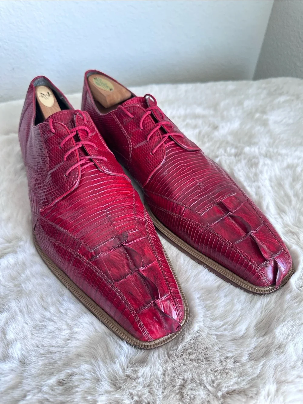 Belvedere Genuine Crocodile & Caiman Lizard Skin Oxford Dress Shoes sz 13 Red